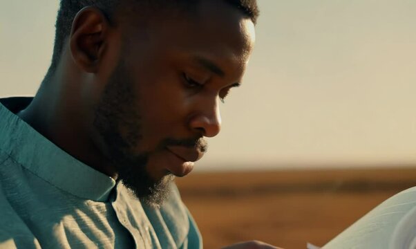 Close-Up of Gambian Man Reading Silently in Traditional Attire