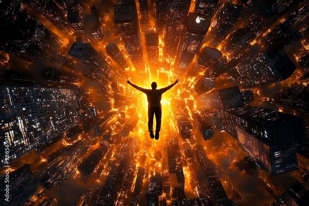 Poster morpheus floating above an orange-hued city of dreams, the light reflecting off every building in vi