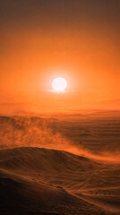 Golden Sunset Over Desert Dunes with Sandstorm