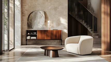 Modern Interior Design with Armchair, Coffee Table, and Cabinet