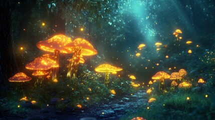 Naklejka premium Fantastic world of mushrooms. Glowing mushrooms in the night forest. Night landscape. 