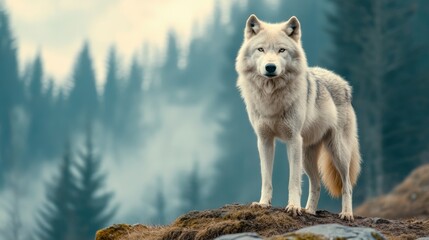 Naklejka premium A lone wolf standing on a rocky hillside in the woods, AI