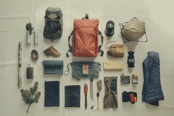 A flat lay of various outdoor and camping essentials arranged on a light background, featuring bags, tools, and nature-inspired items for a wilderness adventure