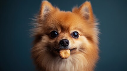 Obraz premium A fluffy Pomeranian sits calmly, balancing a small treat on its nose, showcasing impressive patience in a warm, inviting indoor environment