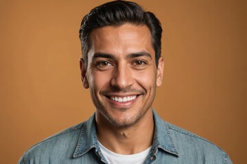 Obraz premium Full framed very close face portrait of a smiling 40s hispanic non binary with amber eyes looking at the camera, studio shot,amber background.