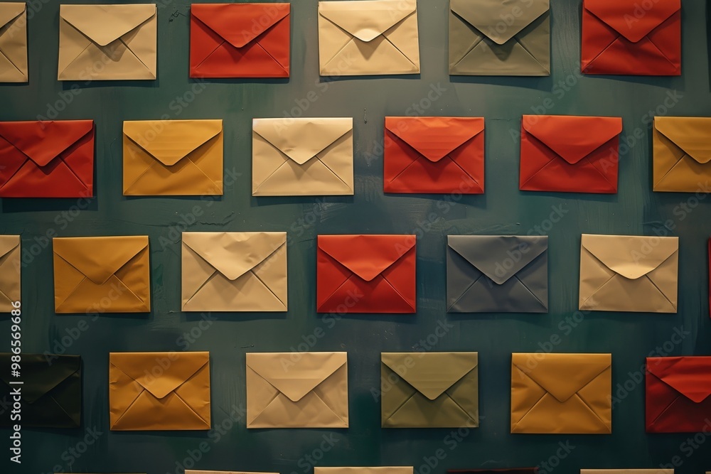 Fototapete a vibrant collection of colorful envelopes arranged on a blue wall, showcasing various shades and si