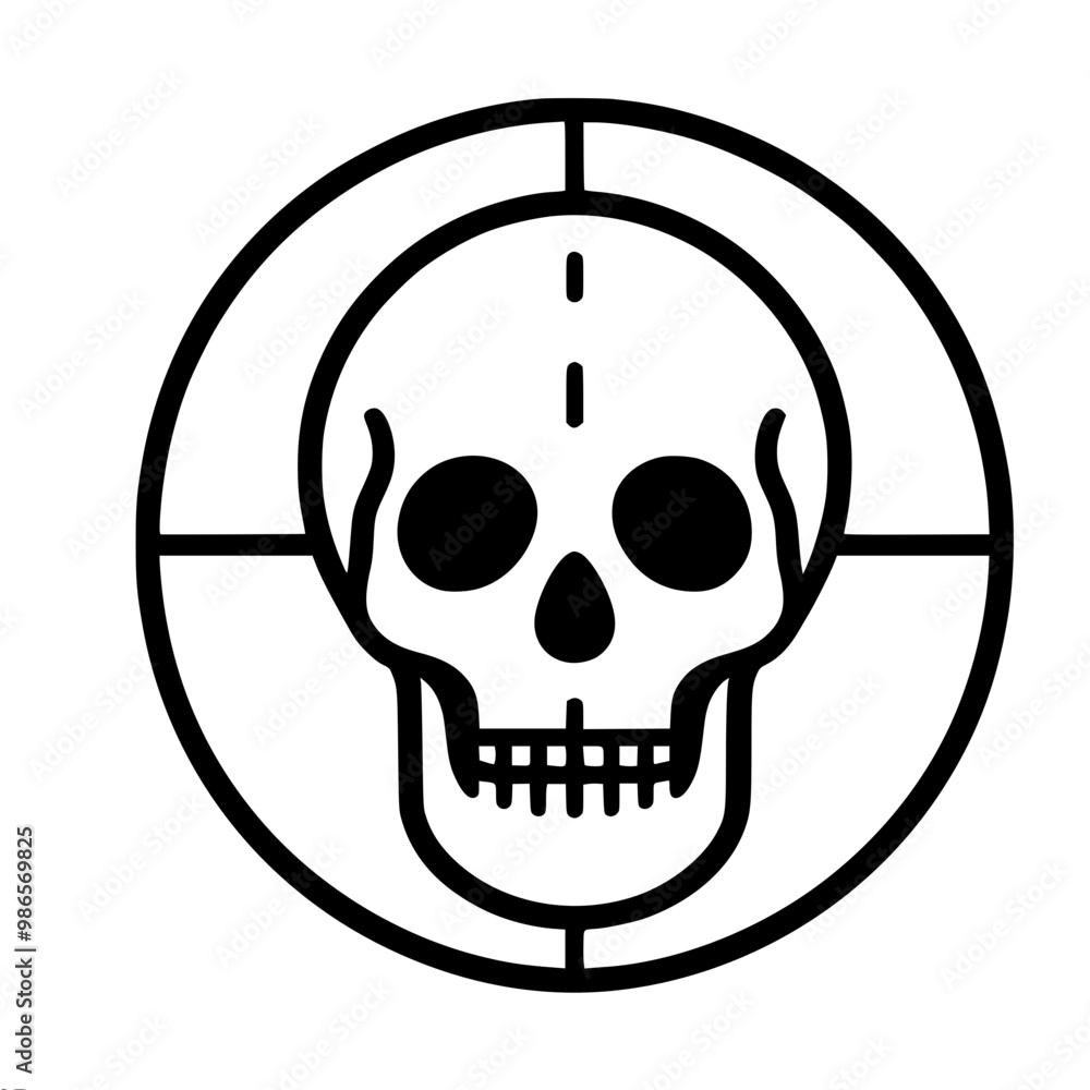 Poster stylish vector linear image of a skull in a circle with highlighted eye sockets, nasal cavity and te