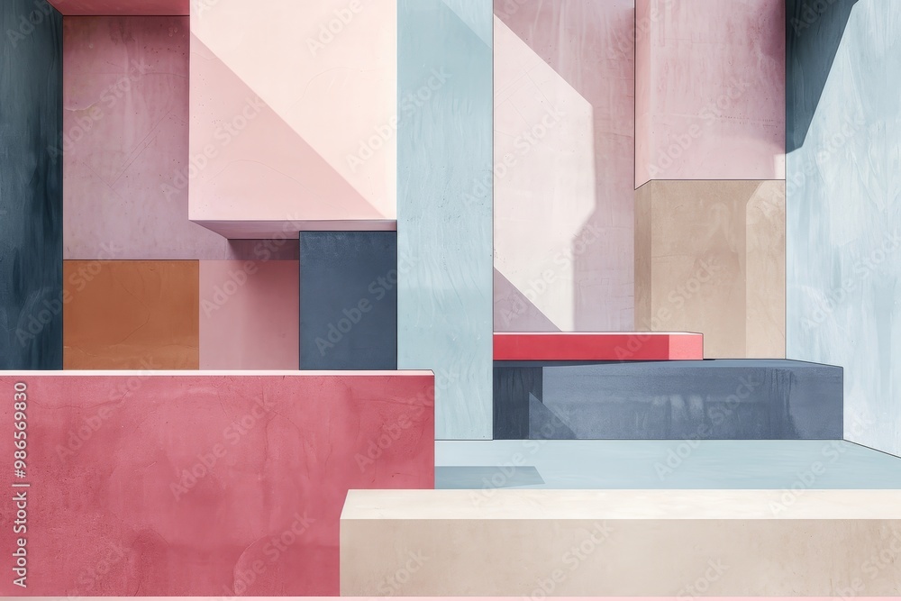Leinwandbilder Abstract geometric composition featuring pastel colors with layered blocks and shadows creating depth in a minimalistic style