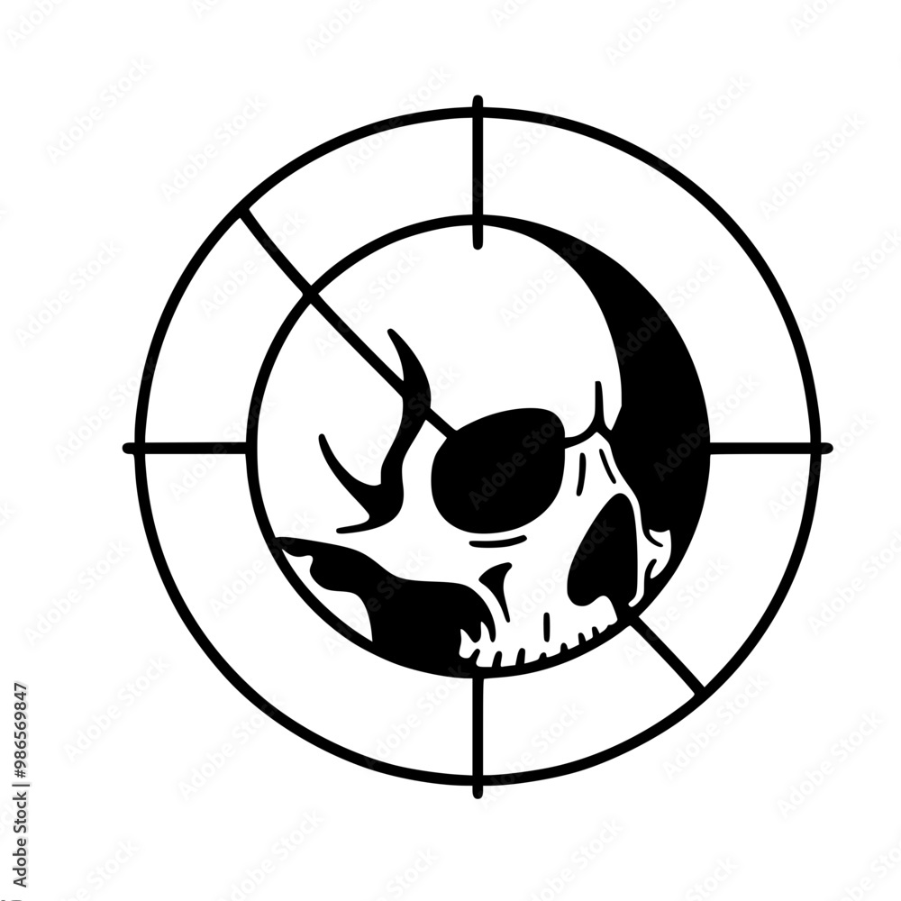 Poster graphic vector image of a skull in the center of a sight, done in black and white style on a simple 