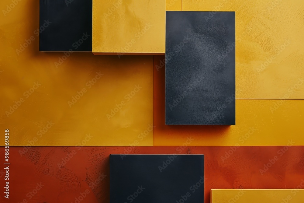 Poster Abstract geometric composition featuring pastel colors with layered blocks and shadows creating depth in a minimalistic style