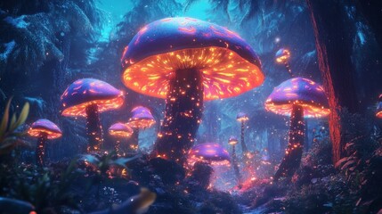 Naklejka premium Fantastic world of mushrooms. Glowing mushrooms in the night forest. Night landscape. 