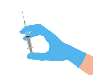 Human hand wearing medical blue glove holding syringe and going to give an injection. Syringe with medicine, vaccine, cosmetic product. Healthcare, medical Vector illustration in flat style isolated. 