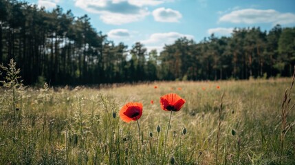 A bright summer's day with red poppies next to the woodland. Pick out two poppies in the foreground.