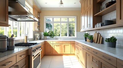 Modern Kitchen with Wood Cabinets and a Window View