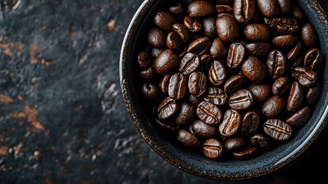 A close-up look at dark roasted coffee beans in a bowl with a black background. - Powered by Adobe