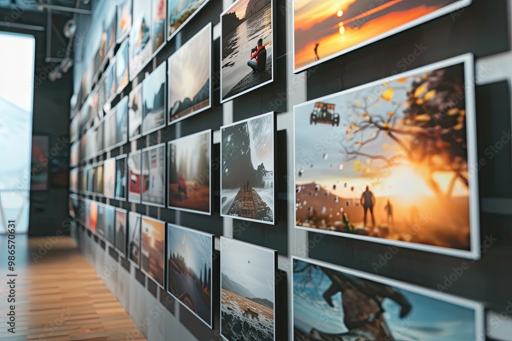 Aufkleber art display featuring diverse prints in a creative studio environment with natural light illuminatin