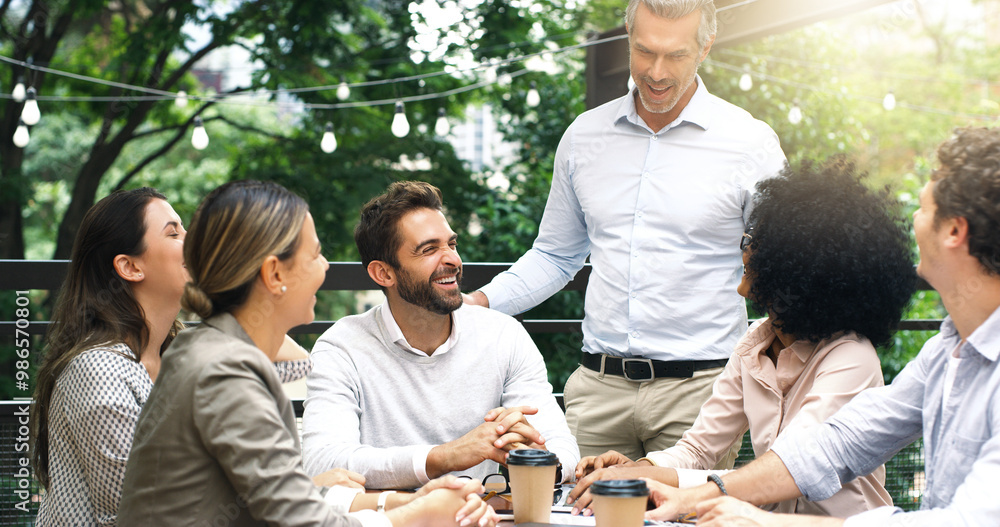 Poster Restaurant, meeting and happy business people at lunch for planning, discussion and b2b networking. Teamwork, collaboration and men and women laugh in cafe for talking, chatting and conversation