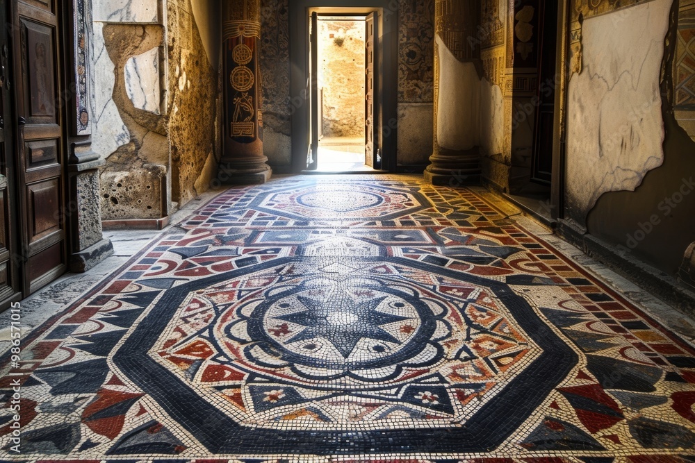 Poster a beautifully designed mosaic room featuring intricate patterns, colorful tiles, and a skylight that