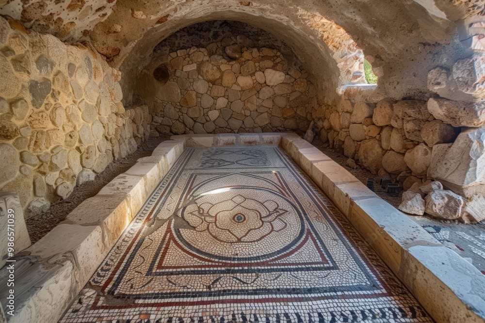 Poster a beautifully designed mosaic room featuring intricate patterns, colorful tiles, and a skylight that
