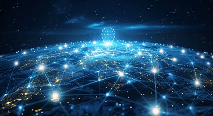A digital map of the Earth with glowing connections between cities, representing global connectivity and technology. The background is a dark blue to contrast against the bright light from cyber secur