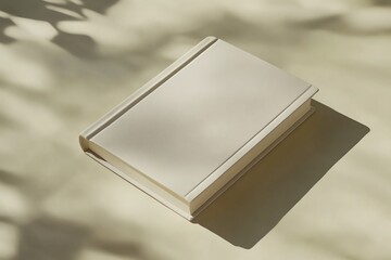 White Book with Leaf Shadow on Beige Surface