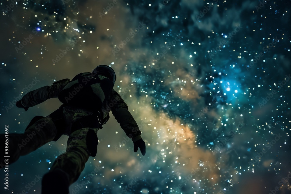 Aufkleber an astronaut gazing up at a brilliant night sky filled with stars and galaxies while floating in spa