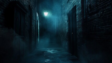 Eerie 3D Render of a Haunting Alley with Flickering Streetlights and Menacing Shadows