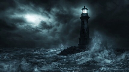 Mysterious Haunted Lighthouse at Night with Crashing Waves - Detailed 3D Rendering of Eerie Coastal Scene