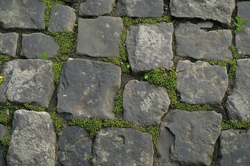 Obraz premium Rough stone pavement texture with worn surfaces and moss growing between
