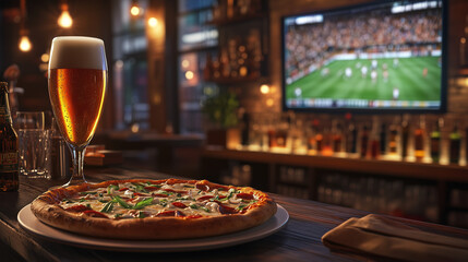 Fototapeta premium A cozy bar scene with a freshly served pizza and a glass of beer on the table, with a football match playing in the background, creating a relaxing atmosphere