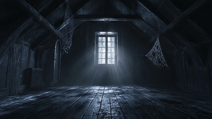Fototapeta premium Eerie 3D Horror House with Haunting Attic, Cobwebs, and Chilling Aura