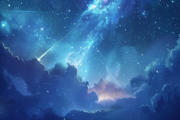 A breathtaking night sky filled with stars and a shooting star over tranquil clouds in a serene atmosphere, capturing the beauty of a clear evening sky