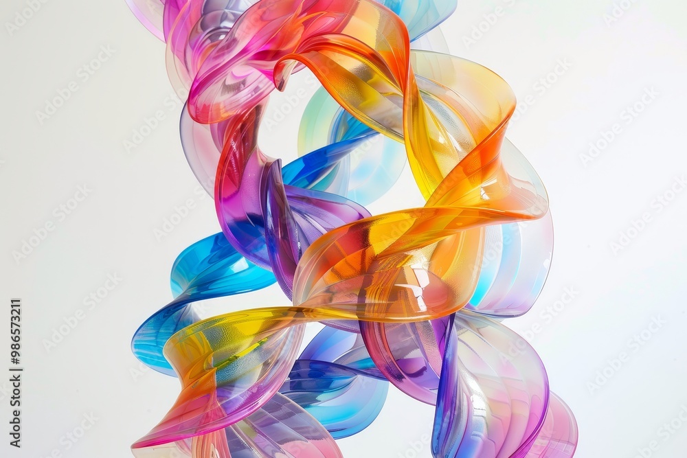 Poster Vibrant swirling ribbons of colored translucent material spiraling upward against a minimalist background, capturing a dynamic and fluid artistic expression