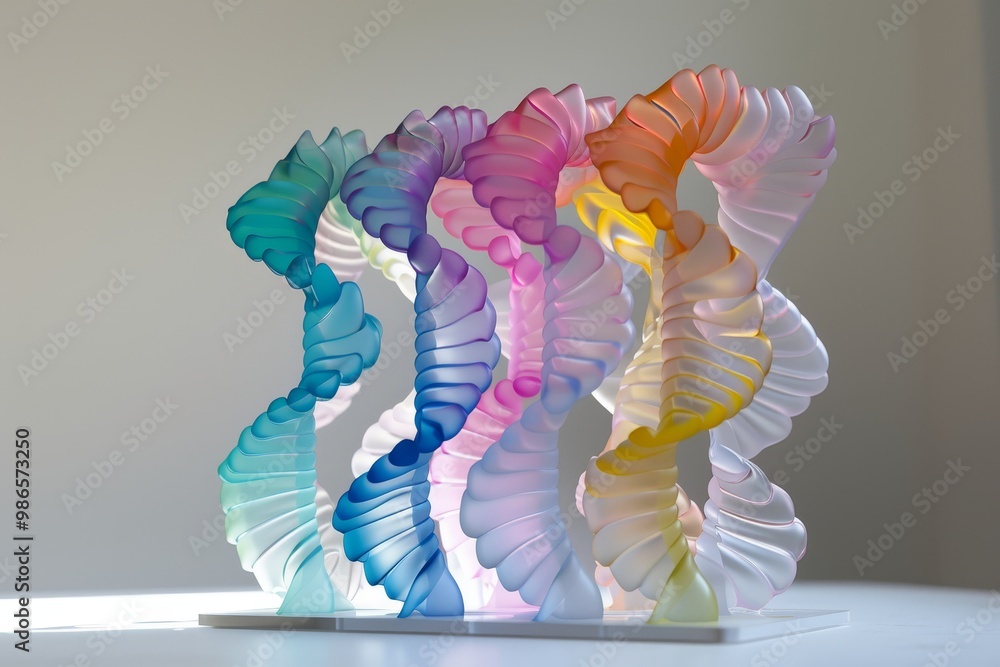 Poster Colorful spiral sculptures displayed on a white surface with soft lighting, showcasing intricate designs in various shades, creating a captivating visual effect