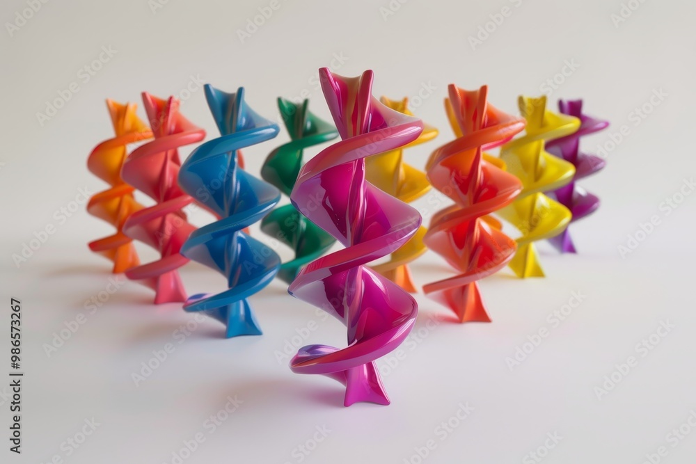 Aufkleber Colorful spiral sculptures displayed on a white surface with soft lighting, showcasing intricate designs in various shades, creating a captivating visual effect