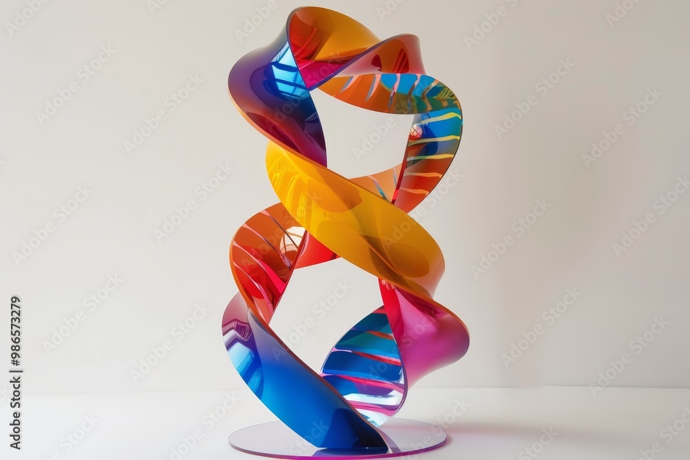 Poster Colorful spiral sculptures displayed on a white surface with soft lighting, showcasing intricate designs in various shades, creating a captivating visual effect