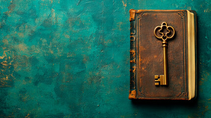 Golden Key And Leather Diary On Teal Background, Secrets And Stories, Personal Journaling, Mystery And Privacy Theme .  