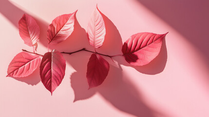 Fototapeta premium sprig of red maroon leaves on branch on pink solid background nature sunlight shadows backdrop wallpaper