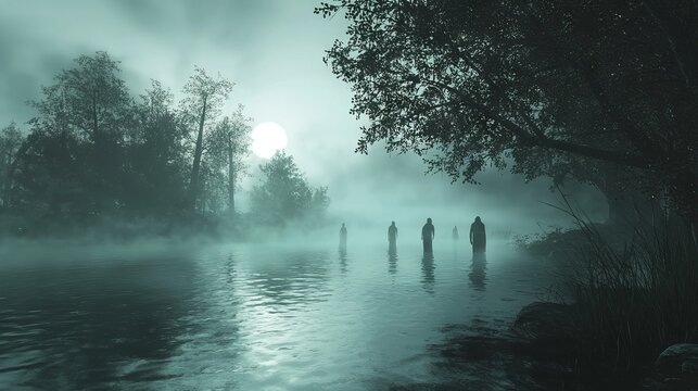 Eerie Haunted Lake with Ghostly Figures in Misty Ambiance - 3D Rendering