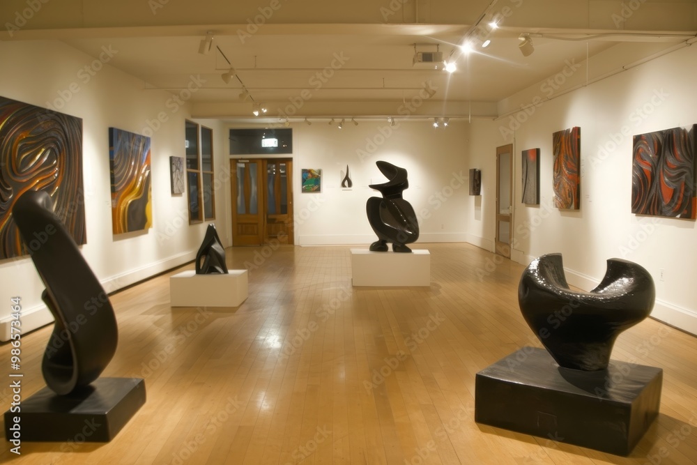 Poster contemporary art gallery displaying unique white sculptures in a spacious and well-lit environment, 