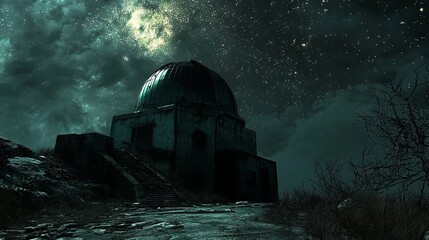 Obraz premium Eerie 3D Rendering of Haunted Observatory with Flickering Lights and Dark Skies - Spooky Halloween Concept