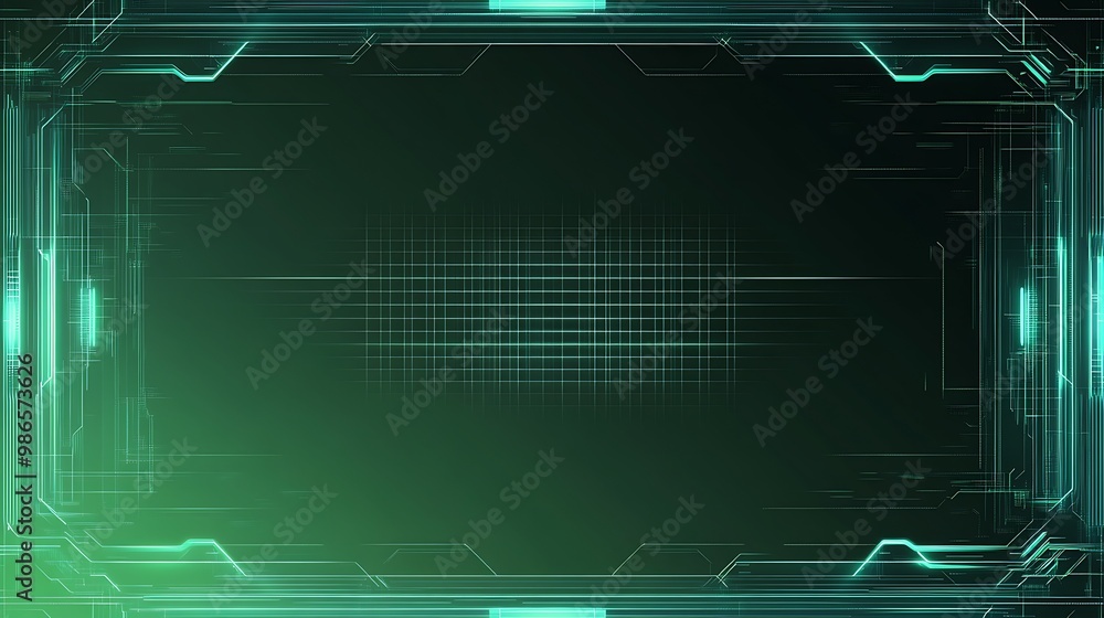 Poster Futuristic green glowing digital frame with lines and grid pattern on a dark background.