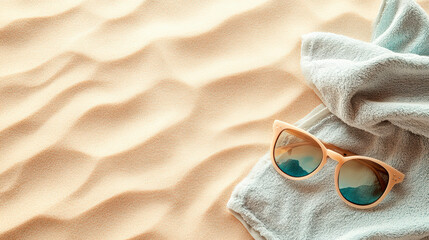 Sunglasses And Beach Towel On Sand Background, Summer Travel And Relaxation, Vacation Essentials, Beach Lifestyle Theme .  