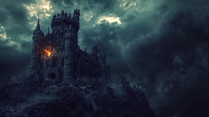 Naklejka premium Haunting 3D Render of Sinister Dark Castle with Stormy Skies and Eerie Flickering Light in Tower