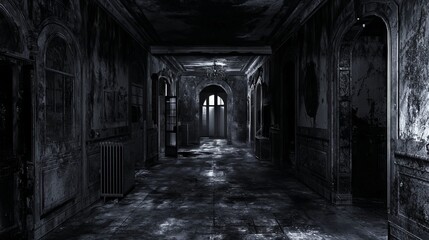 Fototapeta premium Eerie 3D Horror House: Sinister Atmosphere with Darkened Rooms and Chilling Sounds
