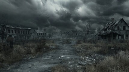 Fototapeta premium Eerie 3D Ghost Town with Dark Clouds and Lurking Shadows - Detailed Digital Rendering of Abandoned Urban Scene