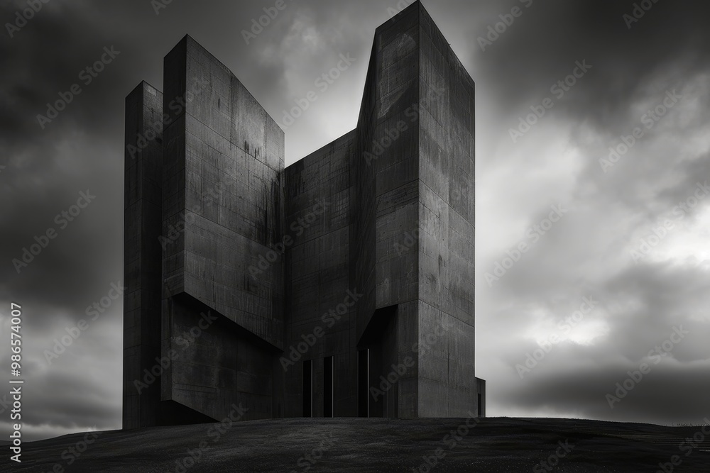 Poster a striking concrete structure under dark stormy clouds showcases bold architectural design and contr