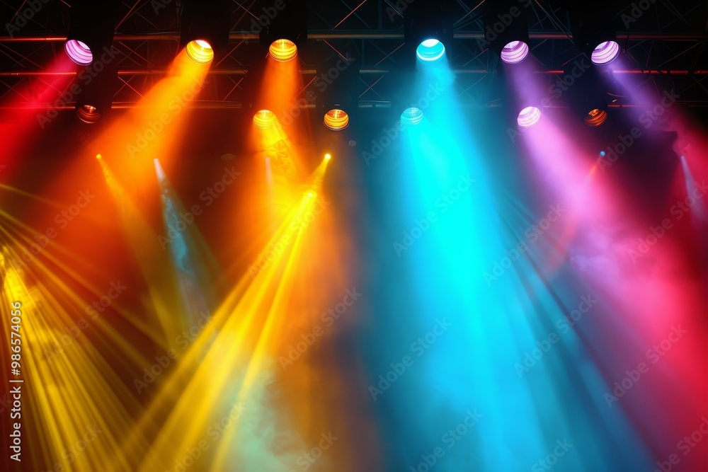 Poster dynamic stage lighting in vibrant hues illuminating an entertainment venue during a live performance