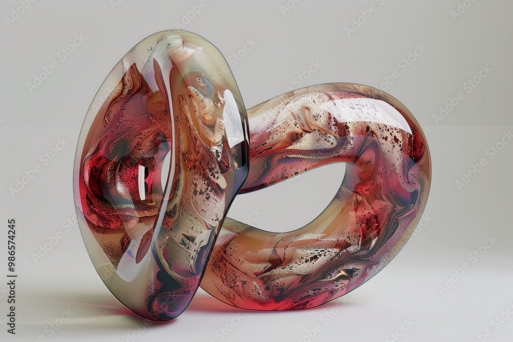 Poster abstract glass sculpture featuring intertwined loops with vibrant red and beige swirls, illuminated 
