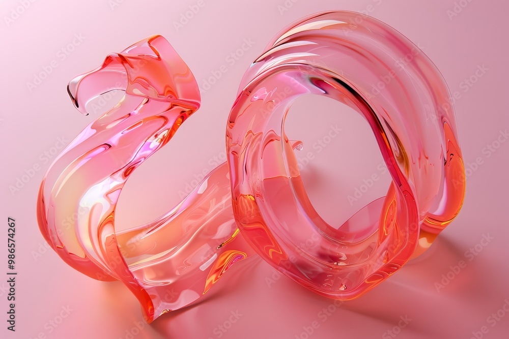 Poster abstract glass sculpture featuring intertwined loops with vibrant red and beige swirls, illuminated 